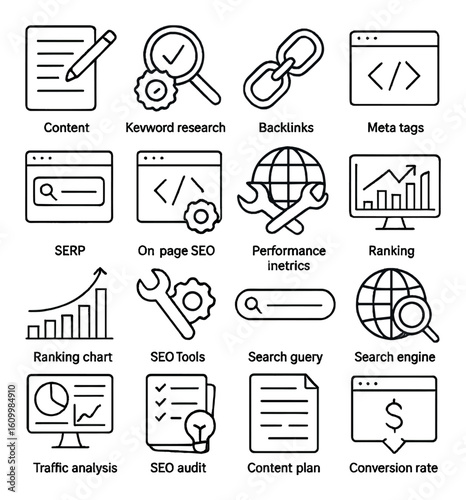 Seo elements icons: keyword research and traffic analysis tools