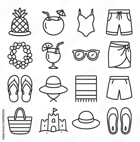 Summer vacation icons set: swimwear, cocktails, and beach accessories