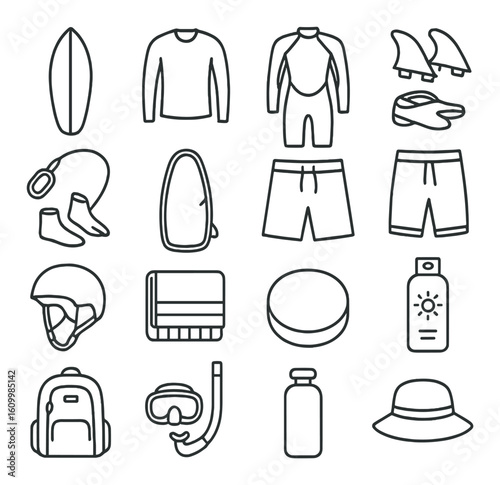 Surfing equipment icons including surfboards, wetsuits, fins, and safety gear