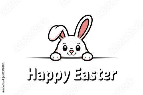 Adorable white Easter bunny peeking over a sign wishing everyone a Happy Easter, perfect for festive greetings and springtime celebrations