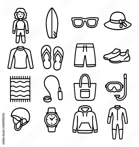 Surf gear icons: wetsuit, surfboard, sunglasses, beachwear, accessories