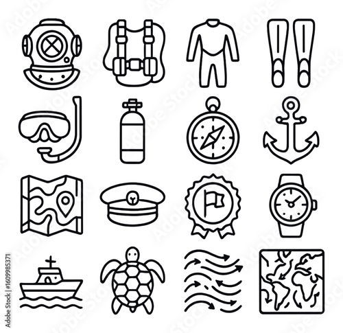 Diving equipment and marine symbols line art set
