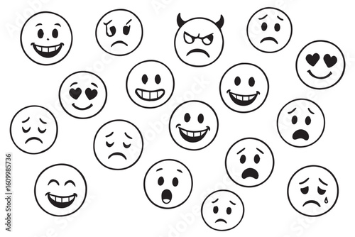 Collection of diverse black and white emoticons showing a range of emotions like happiness, sadness, anger, love, and surprise in cartoonish style