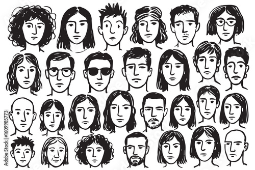Illustration of a grid of black and white faces of different individuals featuring a variety of expressions, hairstyles, and ages in a monochrome style