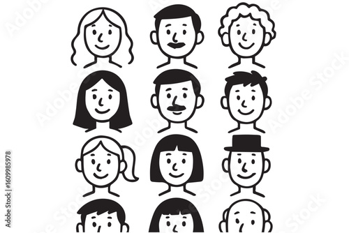 A set of cute cartoon faces, each with unique hairstyles and joyful expressions, portraying a range of fun, smiling characters in a simple, charming design