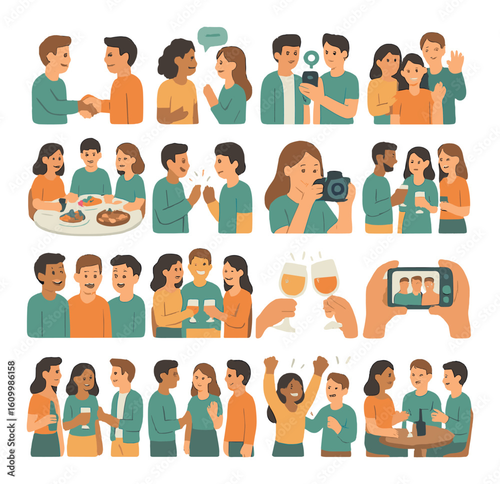 Diverse group socializing and dining in various scenarios Diverse group socializing and dining in various scenarios