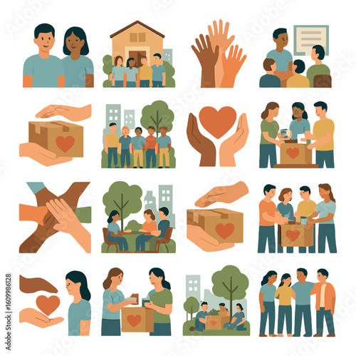 Diverse community volunteering activities with people helping and donating