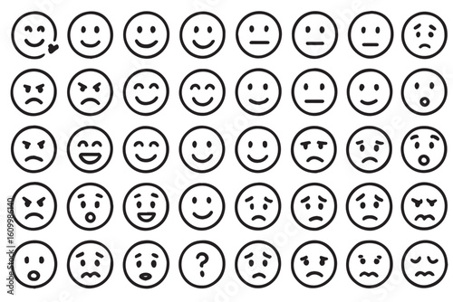 Collection of simple line drawn emoji faces expressing various moods such as happiness, anger, surprise, worry, love, and tiredness in rows