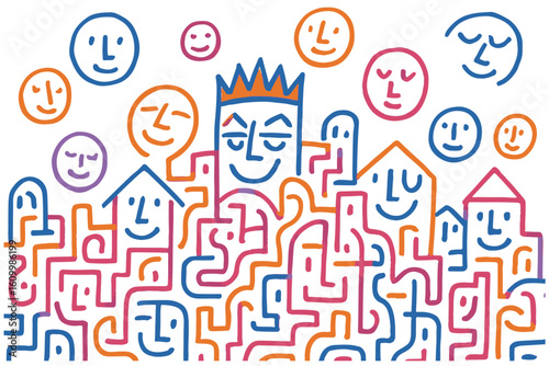 Vibrant doodle city filled with expressive faces, lively shapes, and cheerful colors, creating a surreal urban scene full of personality