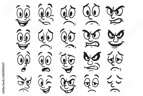 Set of cartoon facial expressions with exaggerated eyes and mouths, showcasing a variety of moods from happiness and sadness to anger and mischief