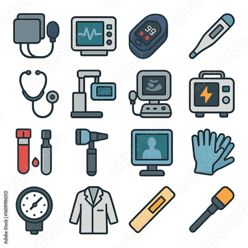 Medical equipment icons collection featuring stethoscope, monitor, thermometer, gloves, and more