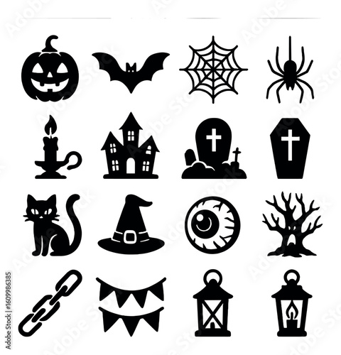 Spooky halloween silhouettes: pumpkin, bat, spider, spiderweb, haunted house, witch hat, lantern