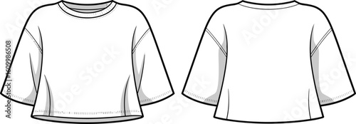 Loose fit t-shirt front, back view, fashion sketch, garment template, clothing design, apparel mockup, cad drawing flat vector illustration