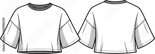 Oversized crop top front, back view, loose fit t-shirt, fashion sketch, garment template, cad drawing flat vector illustration