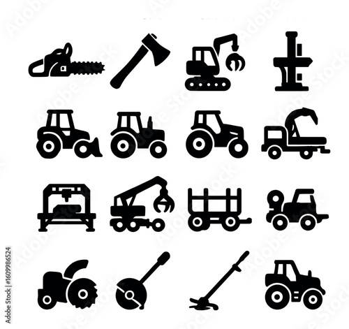 Silhouette icons of farming and logging equipment on gradient background