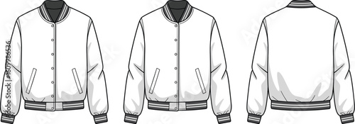 Varsity jacket front, back view, fashion sketch, clothing template, outerwear design, stylish apparel, cad drawing flat vector illustration
