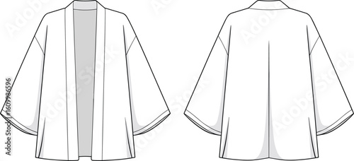 Traditional kimono jacket front, back view, fashion sketch, garment template, apparel design, technical drawing, cad drawing flat vector illustration
