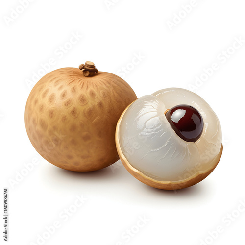 Realistic longan fruit whole and peeled, placed on white background, soft shadow effect