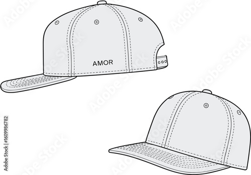 Baseball cap front and side view, AMOR print, CAD drawing, flat vector illustration, fashion accessory, technical sketch, apparel design