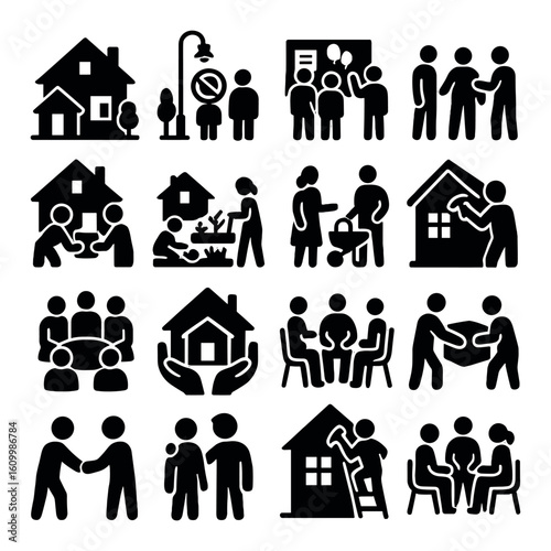 Community interaction and support icons for social services and engagement