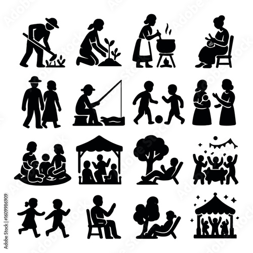 Silhouette illustrations of family activities and outdoor fun