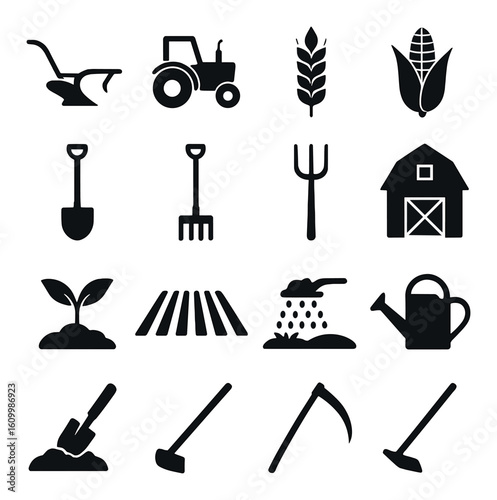 Farming equipment and agriculture icons collection on black background