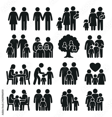 Diverse family icons depicting various group dynamics and relationships