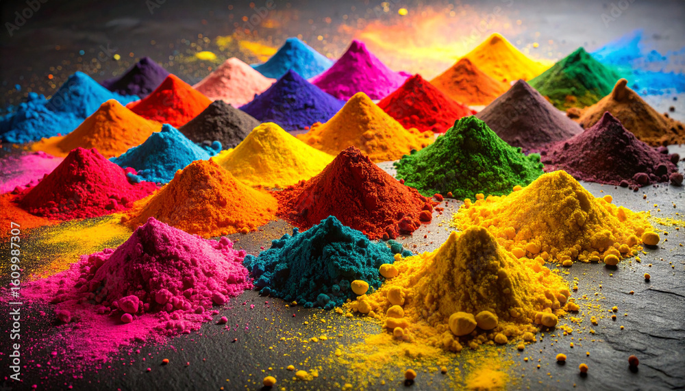 Fototapeta premium Colorful Holi Powders in Diagonal Arrangement. Indian Holi Festival Concept. Generated Image