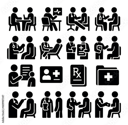 Medical consultation icons set: doctor patient interaction, prescription, healthcare communication