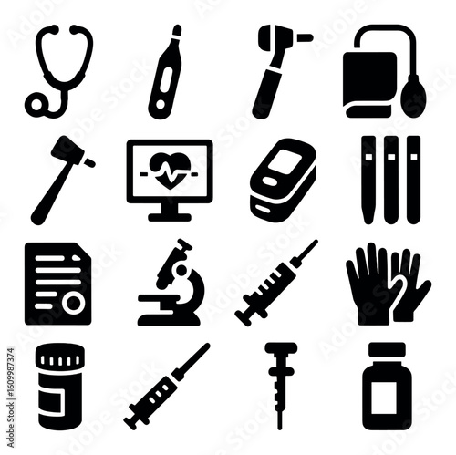 Medical equipment icons set: stethoscope, thermometer, microscope, syringe, gloves