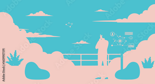 Person admiring the sky with celestial and technological projections overlayed