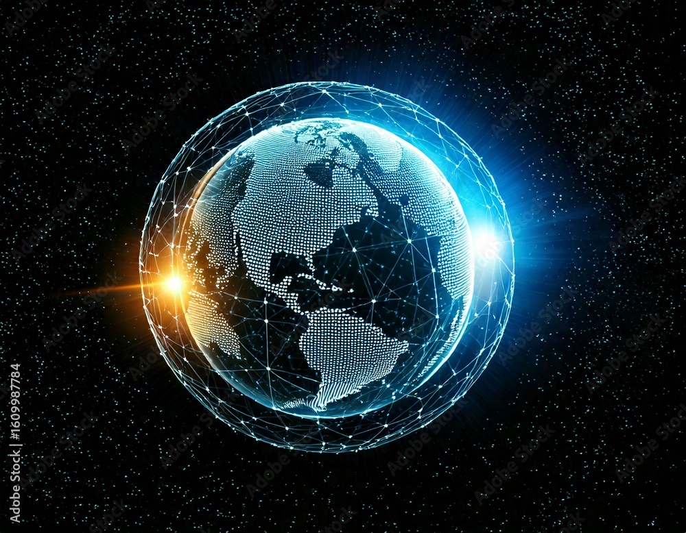 Obraz premium Digital Earth Globe in Dark Space with Glowing Lights jpg