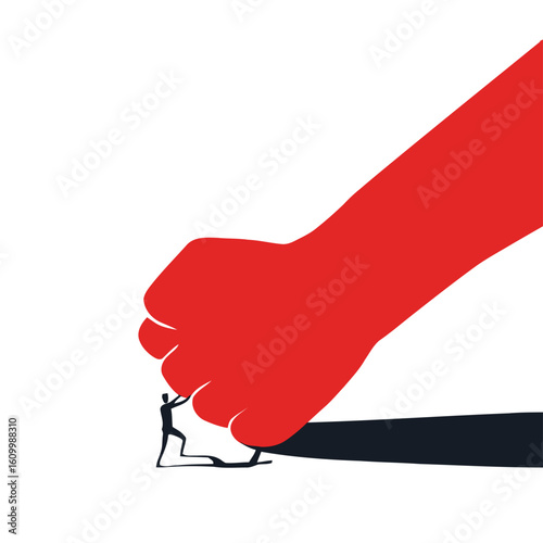 Tiny determined businessman bravely facing overwhelming giant red fist of adversity symbolizing immense challenge and struggle for survival in a powerful visual metaphor of conflict