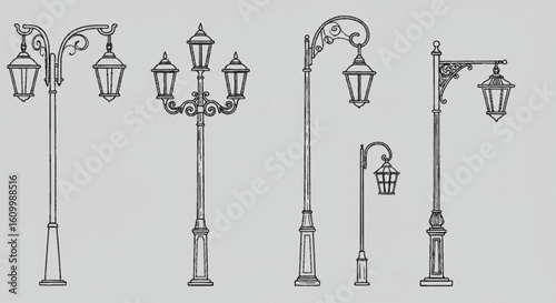 a close up of a group of street lights on a white background, Poles, lampposts, Street lamps, street lamps, street lanterns, street lighting, Street lighting, Street lighting, large beautiful street l