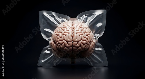 Artistic representation of a brain enclosed in transparent packaging on a dark background