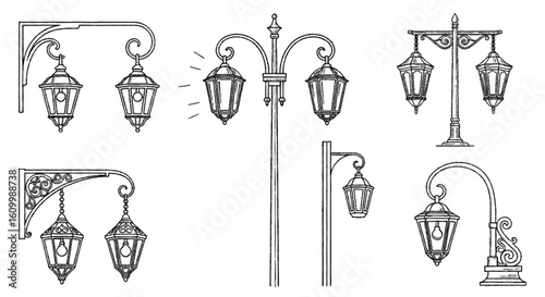 a close up of a group of street lights on a white background, Poles, lampposts, Street lamps, street lamps, street lanterns, street lighting, Street lighting, Street lighting, large beautiful street l