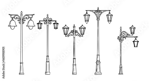 a close up of a group of street lights on a white background, Poles, lampposts, Street lamps, street lamps, street lanterns, street lighting, Street lighting, Street lighting, large beautiful street l
