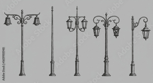 a close up of a group of street lights on a white background, Poles, lampposts, Street lamps, street lamps, street lanterns, street lighting, Street lighting, Street lighting, large beautiful street l