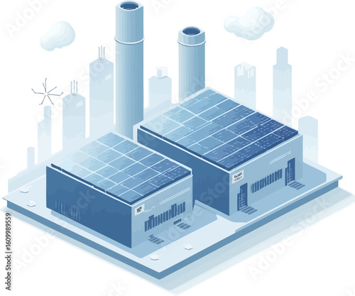 Isometric illustration of a modern factory with solar panels on the roof, situated in a city.