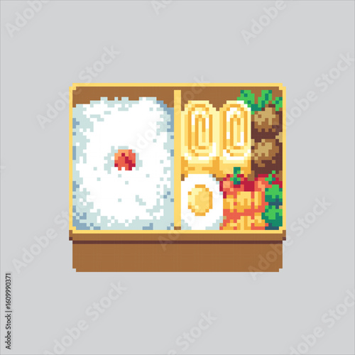Pixel art illustration Japanese Bento Box. Pixelated Bento Box Set. Japanese Bento Box Set Icon pixelated for the pixel art game and icon for website and video game. old school retro.