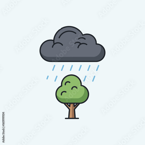 Cartoon illustration of a tree under a dark rain cloud on light background.