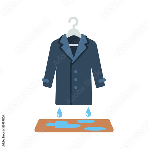 Wet coat hangs above a damp rug with water droplets illustration.