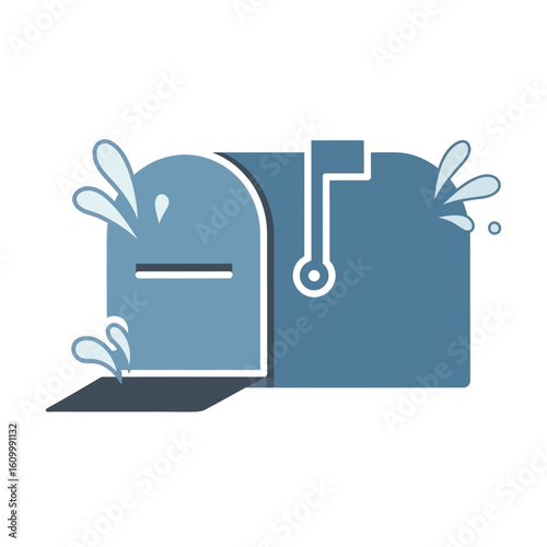 Blue mailbox icon with water splash effect illustration on a white background.