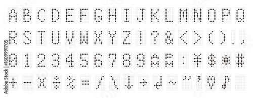 デジタル文字と数字。液晶モニターにアルファベット。時計の文字。白の背景にデジタルのフォント。