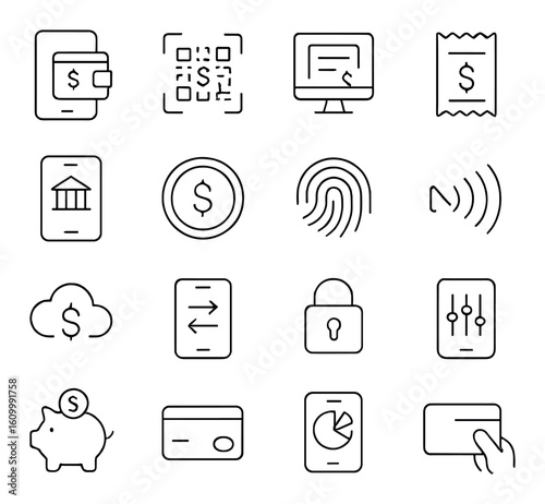 Minimalist financial technology icons set featuring payment security and digital transactions