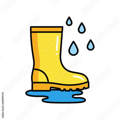 Yellow rubber boot in puddle with raindrops illustration on white background.