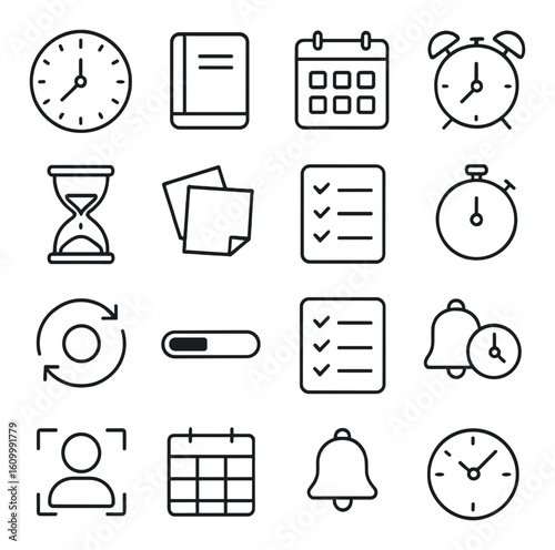 Minimalist icon set: clock, calendar, and task management symbols