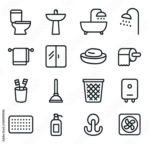 Bathroom icon set featuring fixtures and accessories in minimalist style