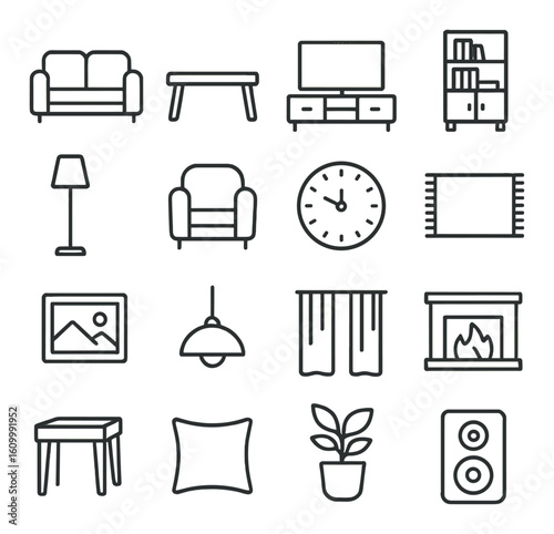 Outline icons of home furniture and decor items in minimalist style