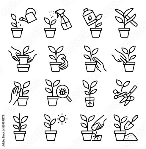 Gardening care icons: watering, pruning, fertilizing, and more in grid layout